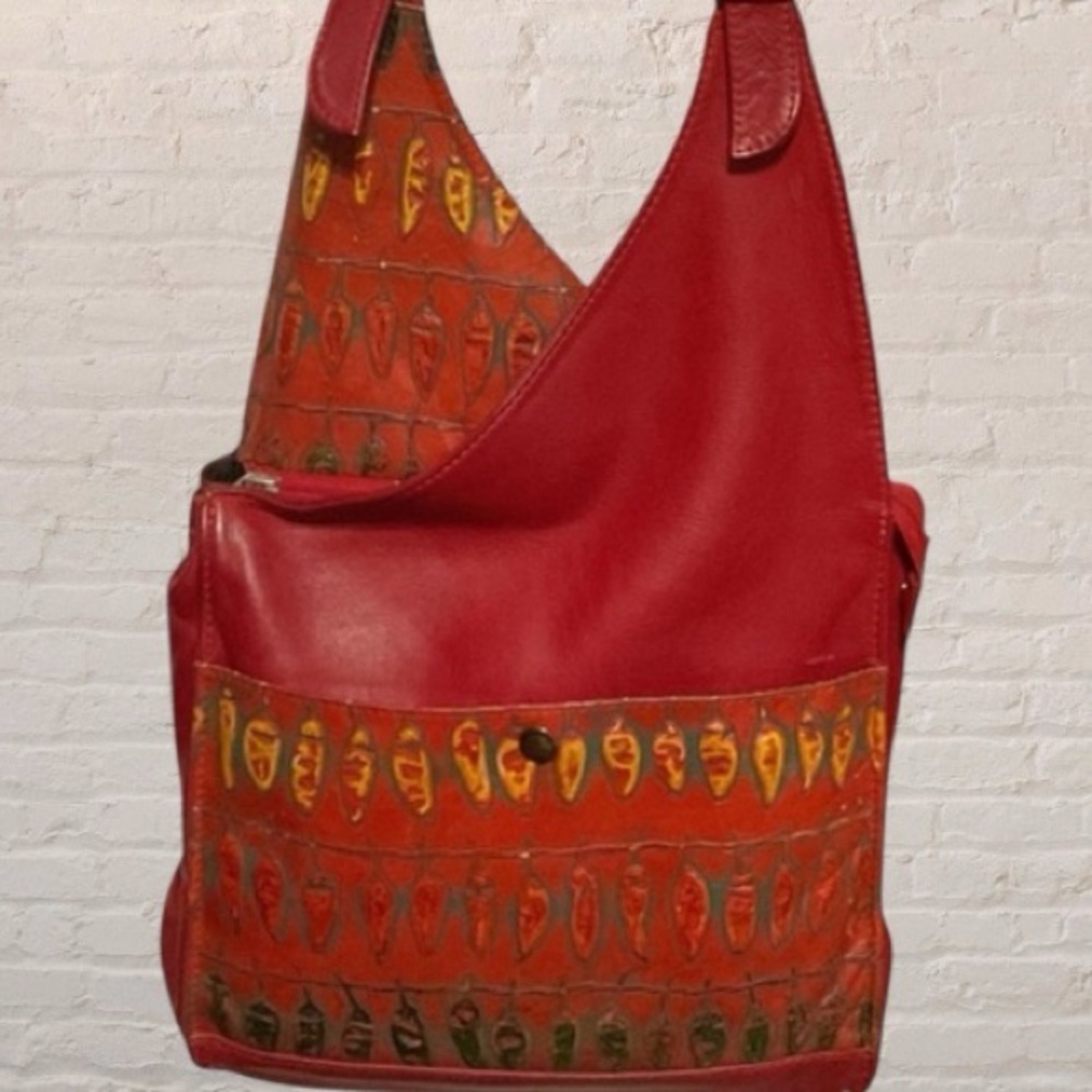 ATELIER V CUIR Luxury Red Leather Shoulder Bag, handtooled & painted peppers